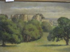 Oil on canvas castle scene; framed & glazed watercolour of a coastal scene & a framed & glazed print