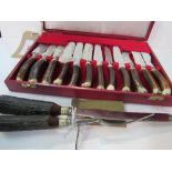 Boxed set of vintage steak knives & forks with stag horn handles & serrated blades, by Cooper