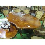 Inlaid shaped top dining table on heavy turned column to 4 shaped & carved legs. Estimate £40-60