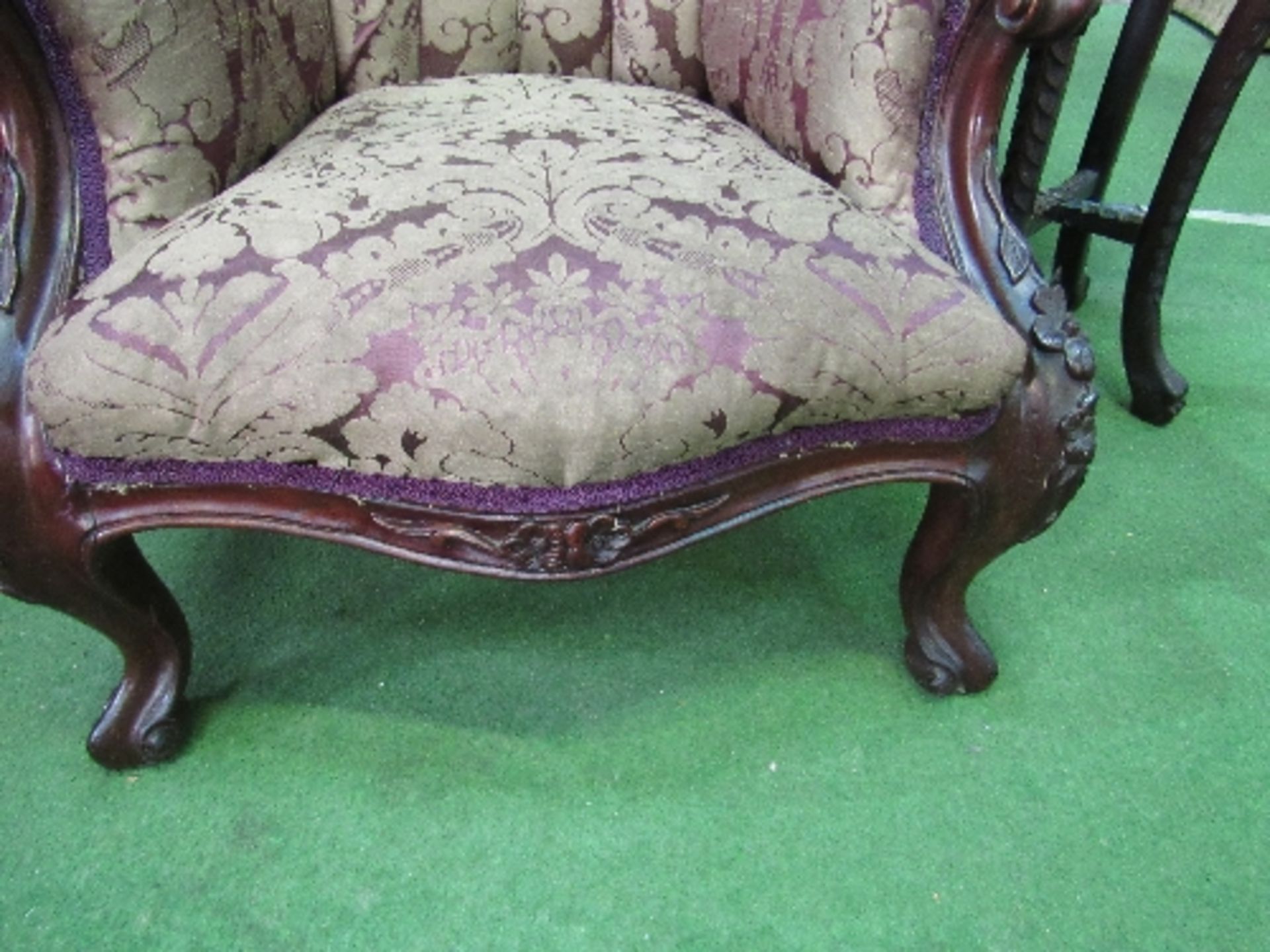 Victorian carved mahogany framed lady's armchair, upholstered in original button back fabric. - Image 3 of 5