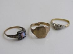 9ct gold signet ring (a/f); 9ct gold & silver opal ring & 18ct gold & diamond ring (a/f).