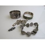 Silver coloured decorated thick bracelet, silver coloured and enamelled bracelet, sterling silver