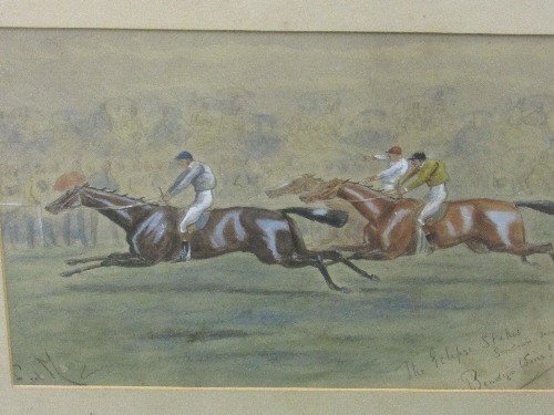 Framed & glazed watercolour entitled 'The Eclipse Stakes, Sandown, July 23rd 1886 - Bendigo wins!'