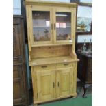 Pine dresser with glazed cupboard over display with 2 door cupboard to base, 99 x 46 x 200cms.