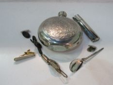 Pair of hallmarked silver cufflinks; a hallmarked olive spoon; polished pewter moon flask; racing