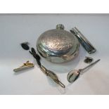 Pair of hallmarked silver cufflinks; a hallmarked olive spoon; polished pewter moon flask; racing