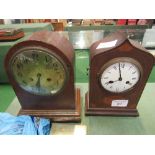 2 mahogany cased mantel clocks, together with a quantity of clock parts & a micrometer in case.
