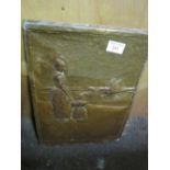 Copper panel depicting woman & child in Dutch costume looking out to sea to distant sail boats.