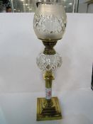 Brass column oil lamp c/w glass shade & funnel. Estimate £30-40