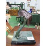 Bronze Dali-style 'melted' clock, on stand, height 36cms together with Henry Moore-style sculpture