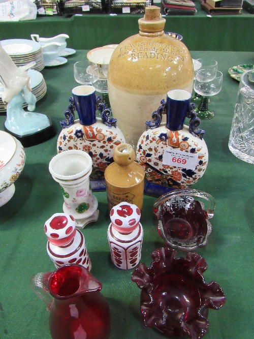 Salt glazed jar; pair of old Derby moon flasks; 3 pieces of ruby glass & a pair of scent bottles. - Image 2 of 4