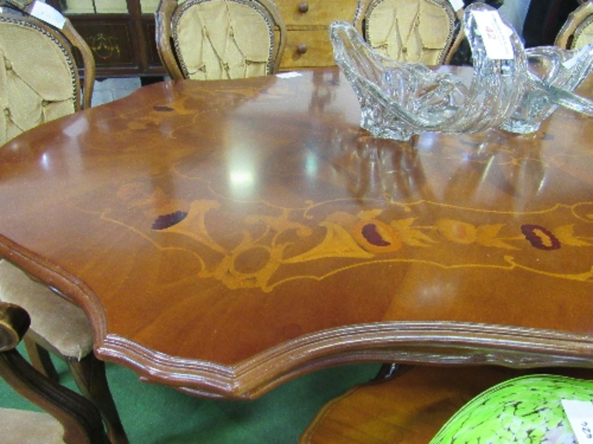 Inlaid shaped top dining table on heavy turned column to 4 shaped & carved legs. Estimate £40-60 - Image 3 of 3