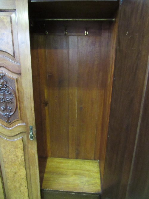 Mahogany double fronted wardrobe with mirror door, walnut & applied carved panels & interior - Image 3 of 3