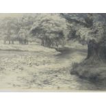 2 framed & glazed pencil drawings of a wood & stream signed M E Thompson, 1942 & 1943 & oil on