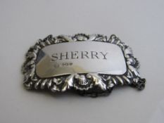 Sterling silver sherry decanter label, Sheffield 1967. Estimate £20-30