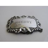 Sterling silver sherry decanter label, Sheffield 1967. Estimate £20-30