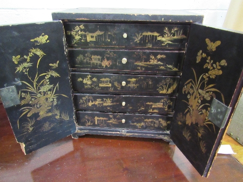 Lacquer oriental cabinet with 5 interior drawers (a/f), 28 x 18 x 32cms. - Image 3 of 4