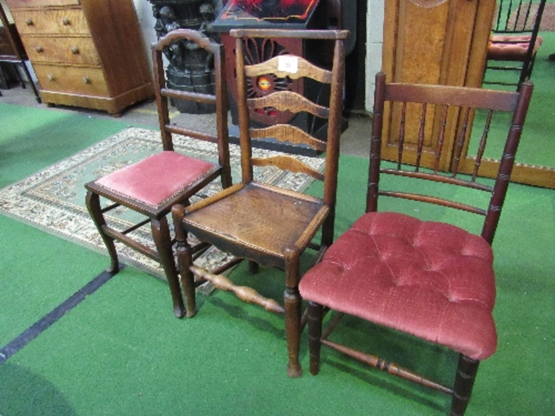 Oak & elm ladder-back chair together with 2 pink upholstered bedroom chairs. Estimate £10-20