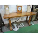 Hardwood console table with cast iron scrolled supports to block legs, 150 x 50 x 80cms. Estimate £