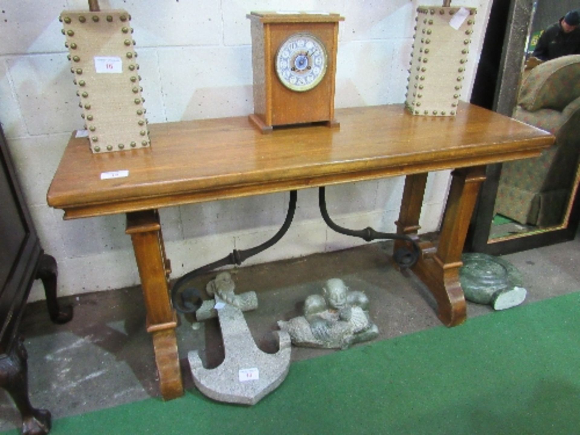 Hardwood console table with cast iron scrolled supports to block legs, 150 x 50 x 80cms. Estimate £