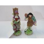Pair of early Bow/Derby/Chelsea style soft porcelain figures: fruit seller and musician