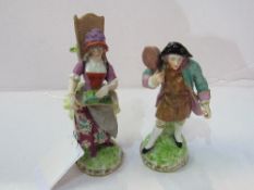 Pair of early Bow/Derby/Chelsea style soft porcelain figures: fruit seller and musician