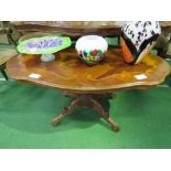 Inlaid shaped top coffee table on pedestal to 4 shaped & carved legs. Estimate £20-30