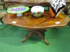 Inlaid shaped top coffee table on pedestal to 4 shaped & carved legs. Estimate £20-30