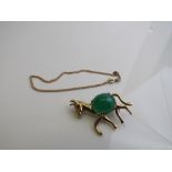 9ct gold donkey brooch set with green and red stones weight 6.9gms, 9ct gold fine chain bracelet