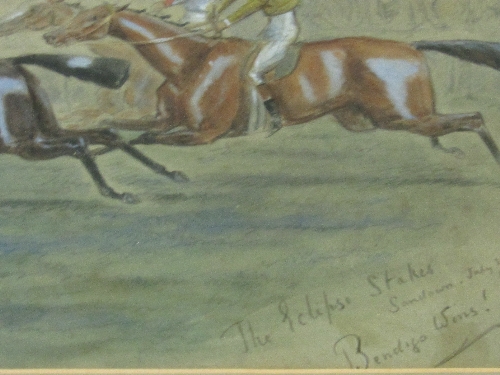 Framed & glazed watercolour entitled 'The Eclipse Stakes, Sandown, July 23rd 1886 - Bendigo wins!' - Image 2 of 3