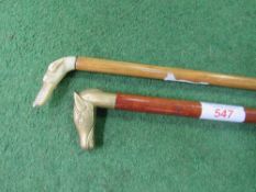 Jointed walking stick with brass horse's head handle & another walking stick with carved dog's