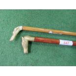 Jointed walking stick with brass horse's head handle & another walking stick with carved dog's