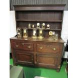 Georgian oak & elm Welsh dresser of 2 open shelves over 2 drawers & 2 cupboards. Estimate £200-250