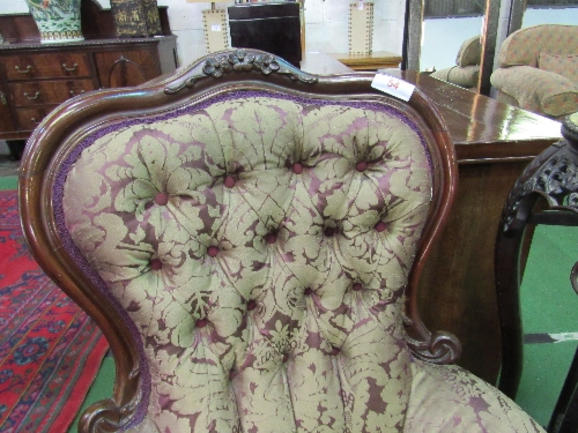 Victorian carved mahogany framed lady's armchair, upholstered in original button back fabric. - Image 4 of 5