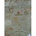 Walnut framed & glazed embroidered sampler (a/f). Estimate £10-20