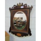 Chippendale-style inlaid mahogany framed oval bevel-edged mirror, 83 x 59cms. Estimate £40-60