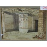 Framed & glazed watercolour of an Egyptian interior scene & framed & glazed watercolour of St.