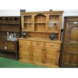 Pine dresser with 2 glazed cupboards flanking shelved alcove over 3 drawers & 3 cupboards, 154 x