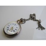 800 silver cased pocket watch French movement, Roman numerals on white enamel face and second hands