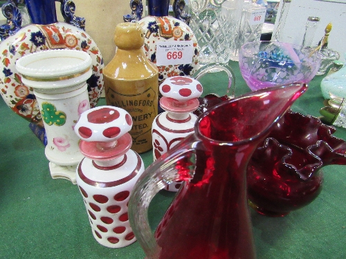 Salt glazed jar; pair of old Derby moon flasks; 3 pieces of ruby glass & a pair of scent bottles. - Image 3 of 4