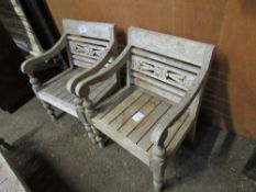 2 teak children's garden seats together with 2 matching benches. Estimate £40-60