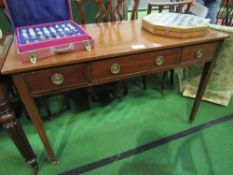 Oak library table with 3 frieze drawers, on casters, 122 x 53 x 76cms. Estimate £20-30
