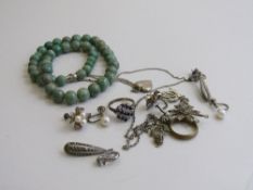 Green stone bead necklace; marcasite necklace & earrings; 2 pairs of silver/pearl earrings; silver