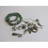 Green stone bead necklace; marcasite necklace & earrings; 2 pairs of silver/pearl earrings; silver