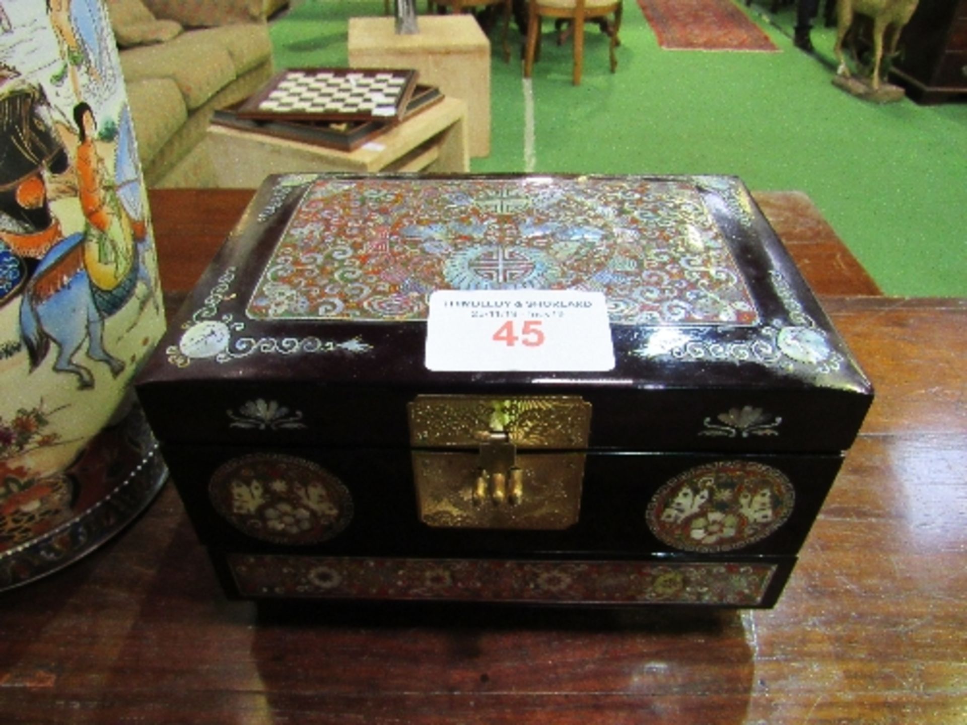 Lacquer & mother of pearl jewellery box together with an oriental vase, height 61cms. Estimate £20- - Image 2 of 6
