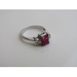 14ct white gold, 2 diamond & synthetic ruby to centre ring, size M, weight 3.6gms. Estimate £300-