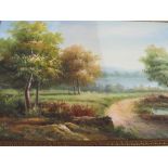 Framed oil on canvas of country scene with lake. Estimate £10-20