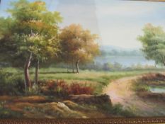 Framed oil on canvas of country scene with lake. Estimate £10-20