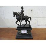 Bronze figure of a knight on horseback, on marble & slate plinth (plinth is cracked). Estimate £50-