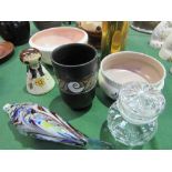 Poole Pottery vase; Murano-type glass fish; 2 Poole Pottery bowls; brass shell case & large 2